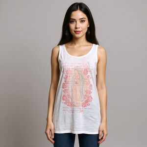Aztlan Vintage Y2K White Pink Virgin Mary Rose Graphic Tank Top - Small